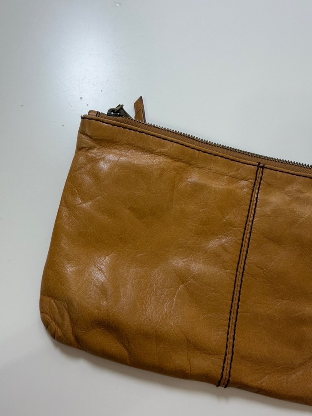HOBO Tan Leather Wristlet Clutch with Center Stitch Detail - Picture 3 of 7